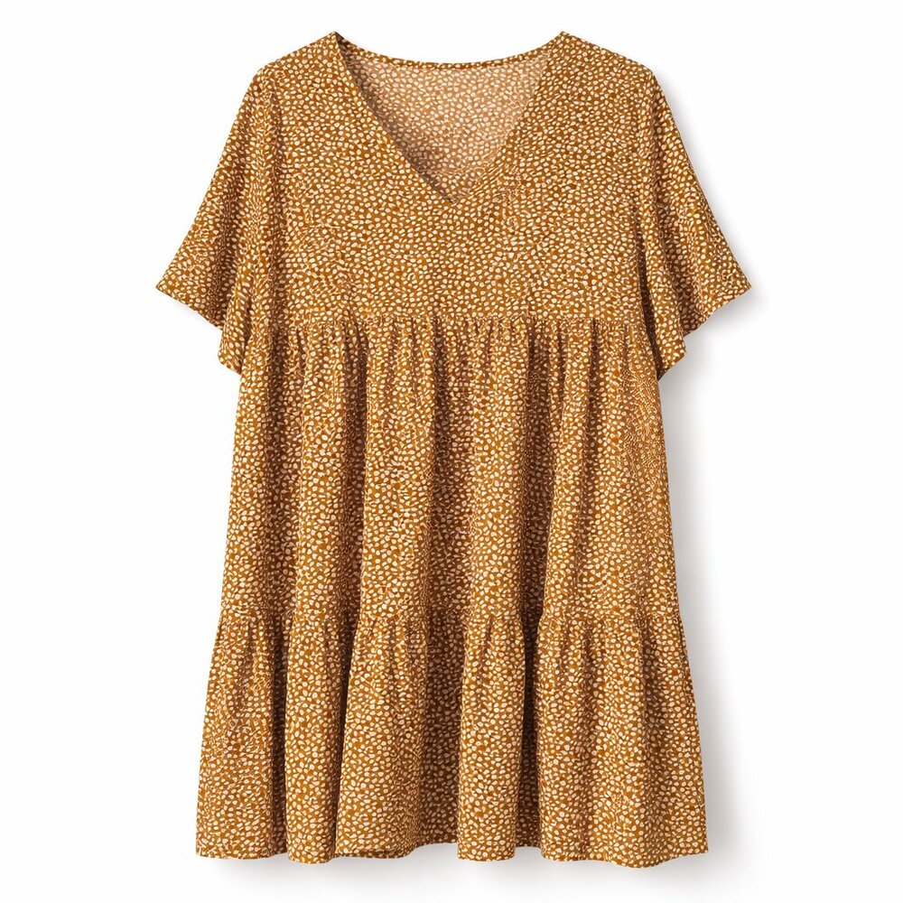Mustard Boho Tiered Babydoll Dress XL Flowy V-Neck
